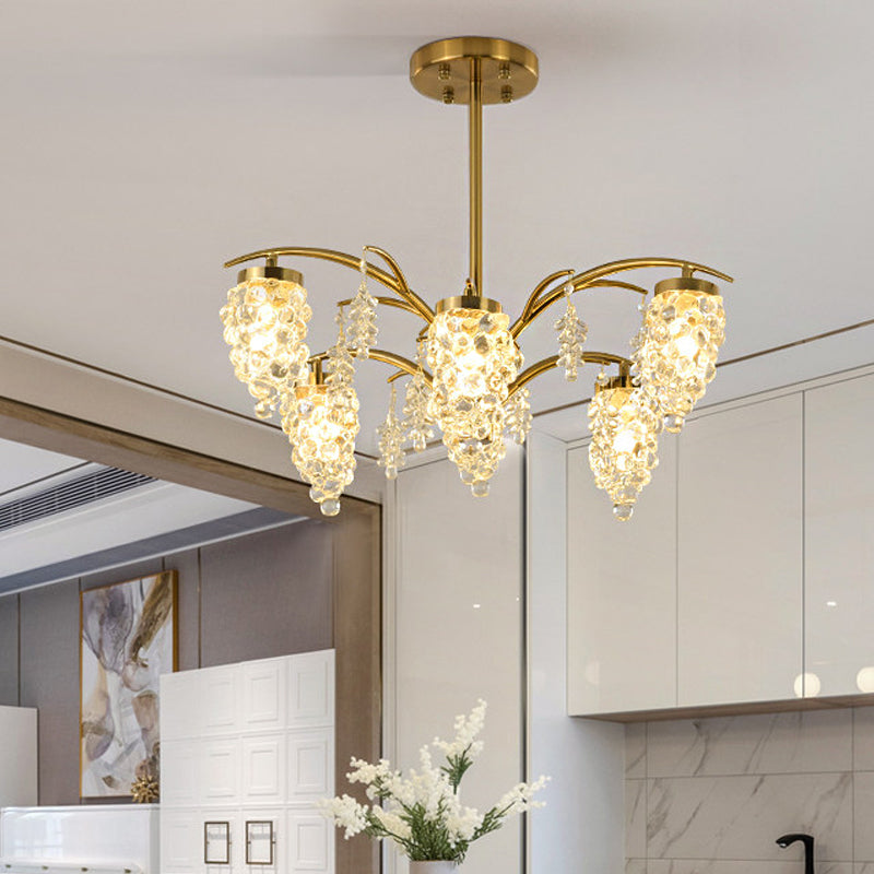 Crystal Beaded Gold Hanging Light Kit Grape Shape 6/8 Heads Bedroom Chandelier Light Fixture 6 Gold Clearhalo 'Ceiling Lights' 'Chandeliers' Lighting' options 280214_9935f8cd-8e6f-49a7-8ec1-87d9b24ce3ac