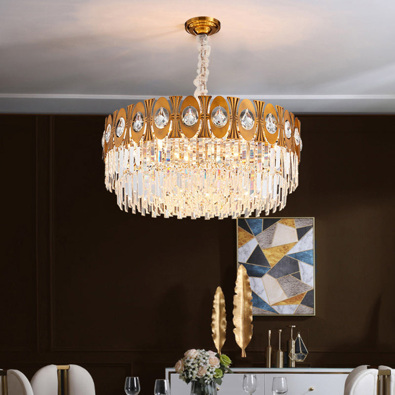 Gold 12 Heads Hanging Lamp Kit Postmodern Tri-Sided Crystal Rod Drum Chandelier Light Clearhalo 'Ceiling Lights' 'Chandeliers' Lighting' options 280220