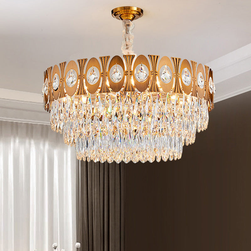 Gold 12 Heads Hanging Lamp Kit Postmodern Tri-Sided Crystal Rod Drum Chandelier Light Clearhalo 'Ceiling Lights' 'Chandeliers' Lighting' options 280221