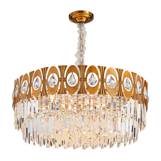 Gold 12 Heads Hanging Lamp Kit Postmodern Tri-Sided Crystal Rod Drum Chandelier Light Clearhalo 'Ceiling Lights' 'Chandeliers' Lighting' options 280224