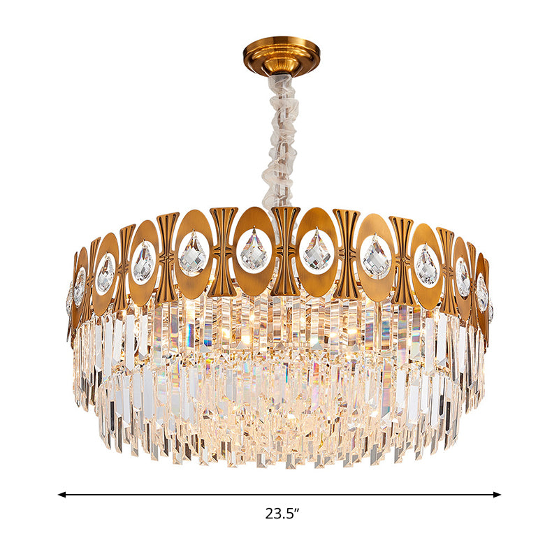 Gold 12 Heads Hanging Lamp Kit Postmodern Tri-Sided Crystal Rod Drum Chandelier Light Clearhalo 'Ceiling Lights' 'Chandeliers' Lighting' options 280225