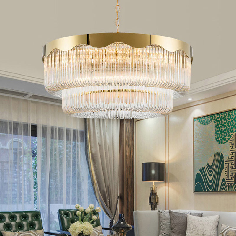 Fluted Crystal 2 Layers Hanging Pendant Light Postmodern 8 Heads Living Room Chandelier Lighting in Gold Clearhalo 'Ceiling Lights' 'Chandeliers' Lighting' options 280227