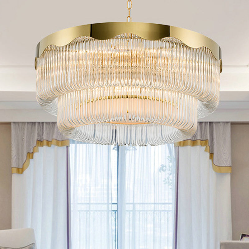 Fluted Crystal 2 Layers Hanging Pendant Light Postmodern 8 Heads Living Room Chandelier Lighting in Gold Clearhalo 'Ceiling Lights' 'Chandeliers' Lighting' options 280228