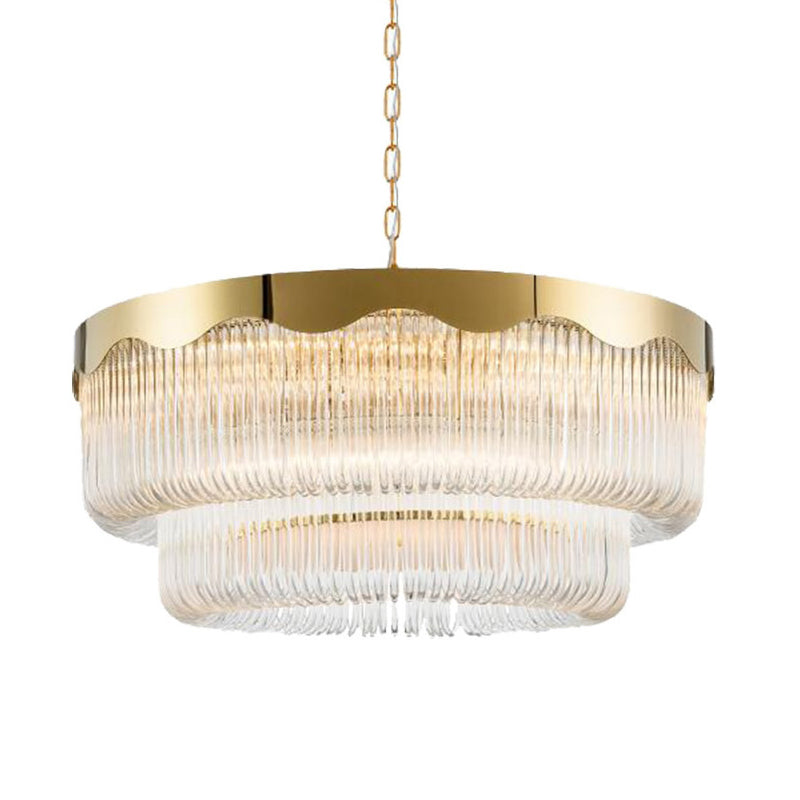 Fluted Crystal 2 Layers Hanging Pendant Light Postmodern 8 Heads Living Room Chandelier Lighting in Gold Clearhalo 'Ceiling Lights' 'Chandeliers' Lighting' options 280230