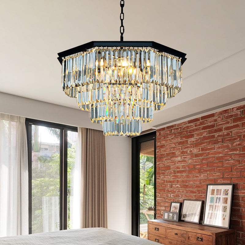 4 Tiers Living Room Suspension Pendant Traditional Clear/Amber Three Sided Crystal Rod 11 Heads Chandelier Light Clearhalo 'Ceiling Lights' 'Chandeliers' Lighting' options 280235