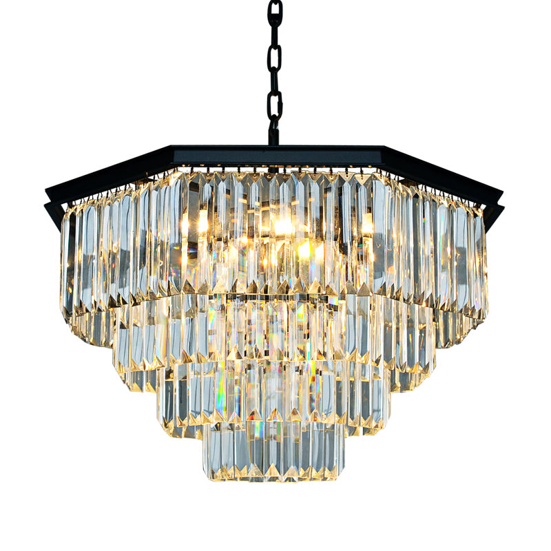 4 Tiers Living Room Suspension Pendant Traditional Clear/Amber Three Sided Crystal Rod 11 Heads Chandelier Light Clearhalo 'Ceiling Lights' 'Chandeliers' Lighting' options 280237