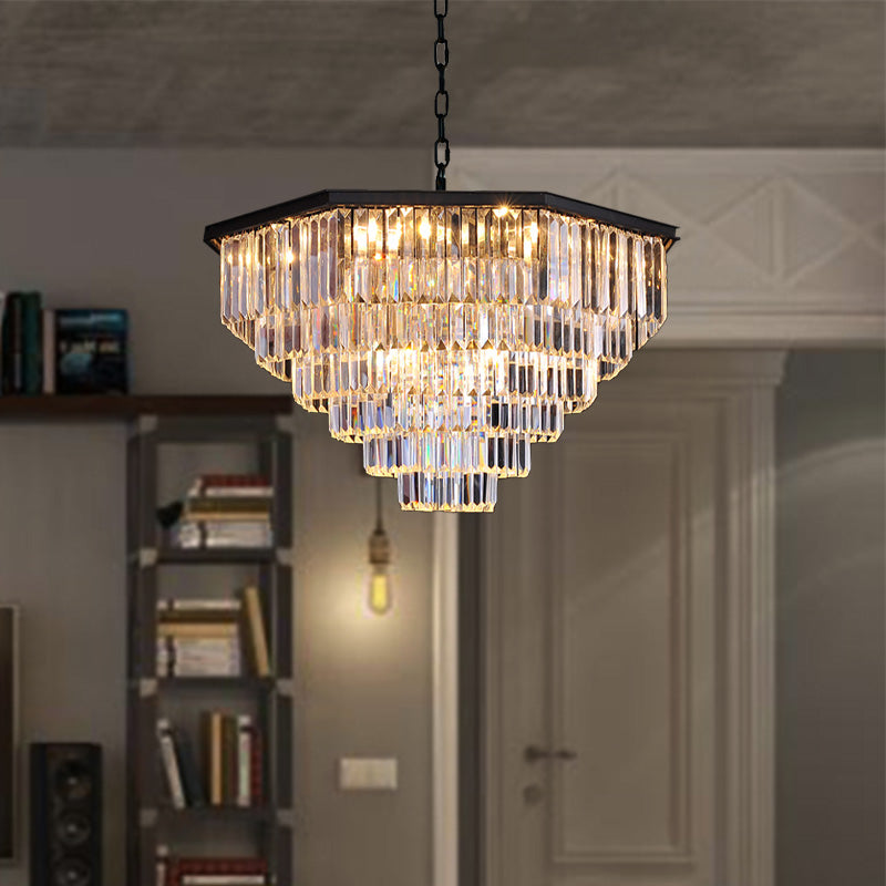 4 Tiers Living Room Suspension Pendant Traditional Clear/Amber Three Sided Crystal Rod 11 Heads Chandelier Light Clearhalo 'Ceiling Lights' 'Chandeliers' Lighting' options 280241