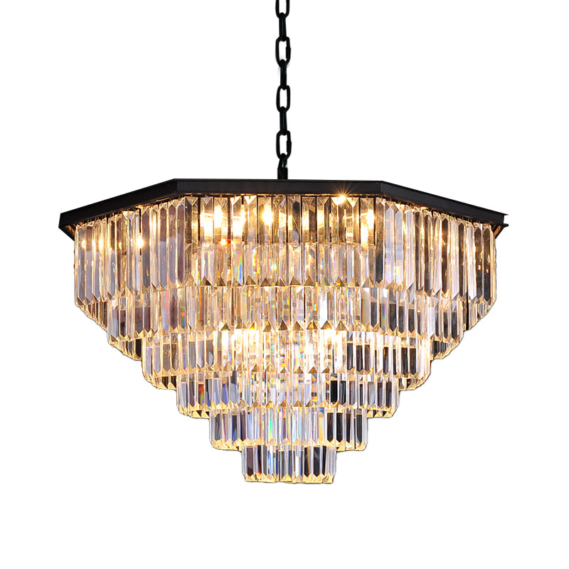 4 Tiers Living Room Suspension Pendant Traditional Clear/Amber Three Sided Crystal Rod 11 Heads Chandelier Light Clearhalo 'Ceiling Lights' 'Chandeliers' Lighting' options 280243