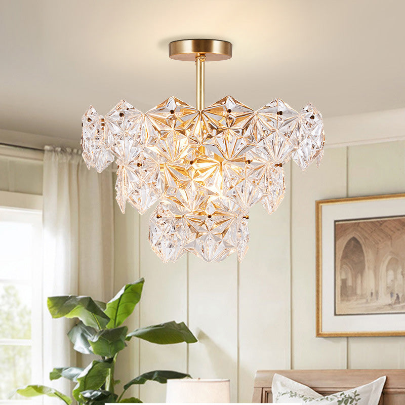 9 Heads Suspension Light Traditional Tapered Hexagon Glass Chandelier Lighting Fixture in Gold Gold Clearhalo 'Ceiling Lights' 'Close To Ceiling Lights' 'Close to ceiling' 'Semi-flushmount' Lighting' 280245