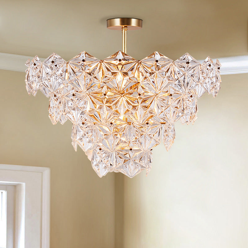 9 Heads Suspension Light Traditional Tapered Hexagon Glass Chandelier Lighting Fixture in Gold Clearhalo 'Ceiling Lights' 'Close To Ceiling Lights' 'Close to ceiling' 'Semi-flushmount' Lighting' 280246