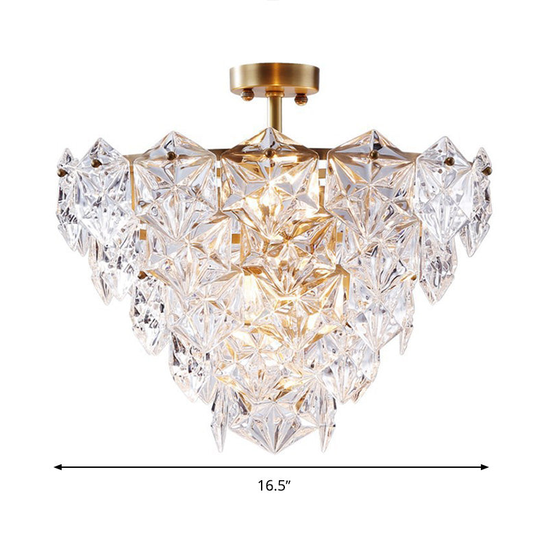 9 Heads Suspension Light Traditional Tapered Hexagon Glass Chandelier Lighting Fixture in Gold Clearhalo 'Ceiling Lights' 'Close To Ceiling Lights' 'Close to ceiling' 'Semi-flushmount' Lighting' 280250