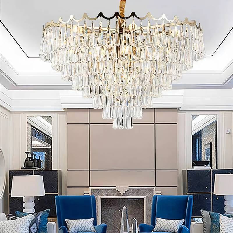 Tapered Waterdrop Crystal Chandelier Light Postmodern 9 Heads Living Room Ceiling Light in Gold Clearhalo 'Ceiling Lights' 'Chandeliers' Lighting' options 280259