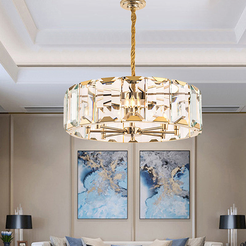 Gold Drum Ceiling Lamp Postmodern Faceted Crystal Panel 6 Heads Living Room Chandelier Lighting Clearhalo 'Ceiling Lights' 'Chandeliers' Lighting' options 280264