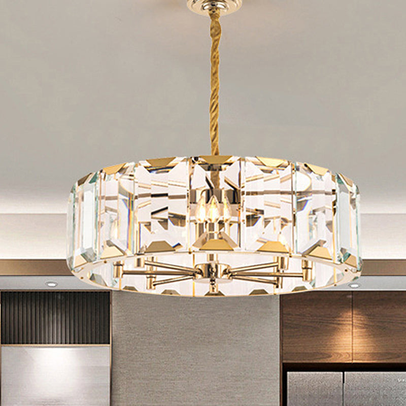 Gold Drum Ceiling Lamp Postmodern Faceted Crystal Panel 6 Heads Living Room Chandelier Lighting Clearhalo 'Ceiling Lights' 'Chandeliers' Lighting' options 280265