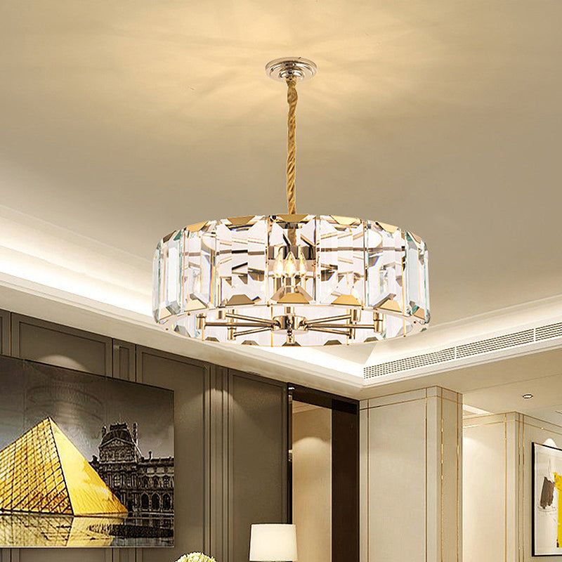 Gold Drum Ceiling Lamp Postmodern Faceted Crystal Panel 6 Heads Living Room Chandelier Lighting Clearhalo 'Ceiling Lights' 'Chandeliers' Lighting' options 280266