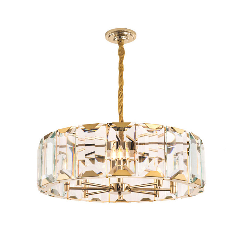 Gold Drum Ceiling Lamp Postmodern Faceted Crystal Panel 6 Heads Living Room Chandelier Lighting Clearhalo 'Ceiling Lights' 'Chandeliers' Lighting' options 280268