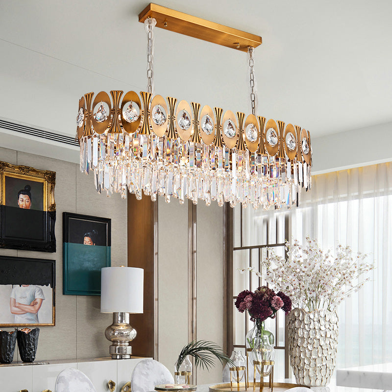 10 Heads Oval Suspension Lighting Modernism Gold Three Sided Crystal Rod Island Pendant Light Gold Clearhalo 'Ceiling Lights' 'Island Lights' Lighting' 280304