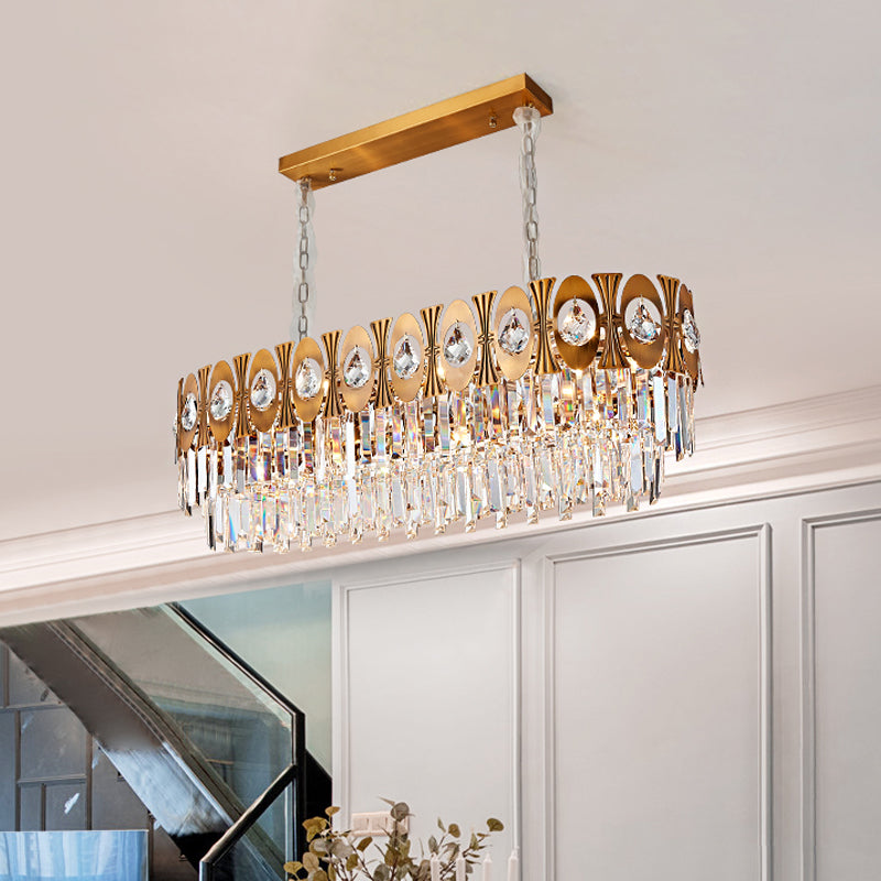 10 Heads Oval Suspension Lighting Modernism Gold Three Sided Crystal Rod Island Pendant Light Clearhalo 'Ceiling Lights' 'Island Lights' Lighting' 280306