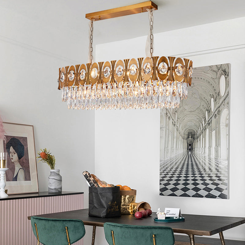 10 Heads Oval Suspension Lighting Modernism Gold Three Sided Crystal Rod Island Pendant Light Clearhalo 'Ceiling Lights' 'Island Lights' Lighting' 280307