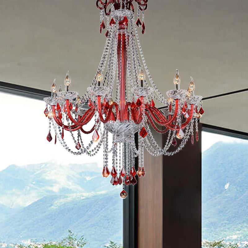 Candle Chandelier Light Fixture Modern K9 Crystal 12 Bulbs Red Ceiling Pendant Light for Balcony Clearhalo 'Ceiling Lights' 'Chandeliers' 'Modern Chandeliers' 'Modern' Lighting' 280312