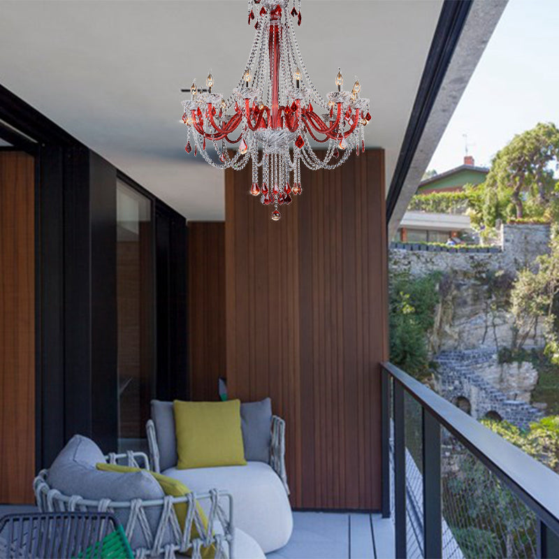 Candle Chandelier Light Fixture Modern K9 Crystal 12 Bulbs Red Ceiling Pendant Light for Balcony Clearhalo 'Ceiling Lights' 'Chandeliers' 'Modern Chandeliers' 'Modern' Lighting' 280313