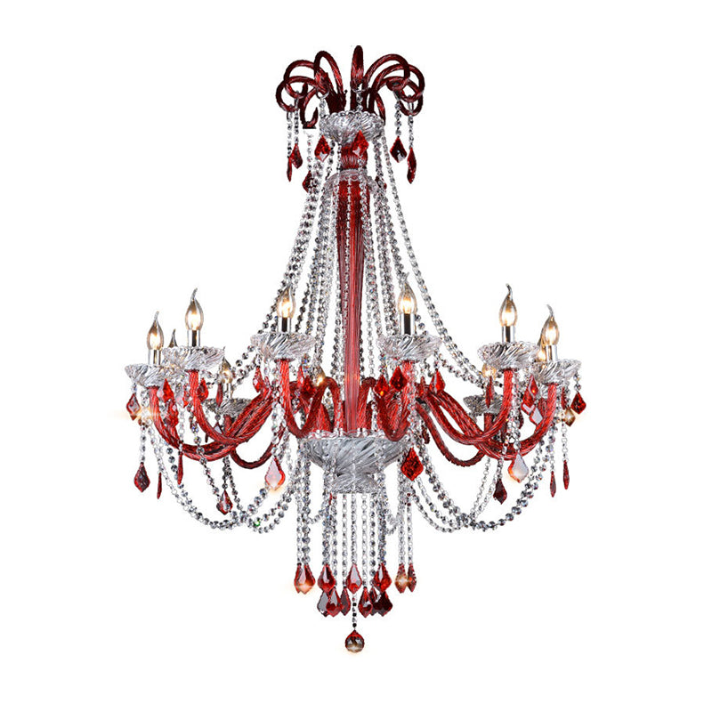 Candle Chandelier Light Fixture Modern K9 Crystal 12 Bulbs Red Ceiling Pendant Light for Balcony Clearhalo 'Ceiling Lights' 'Chandeliers' 'Modern Chandeliers' 'Modern' Lighting' 280314