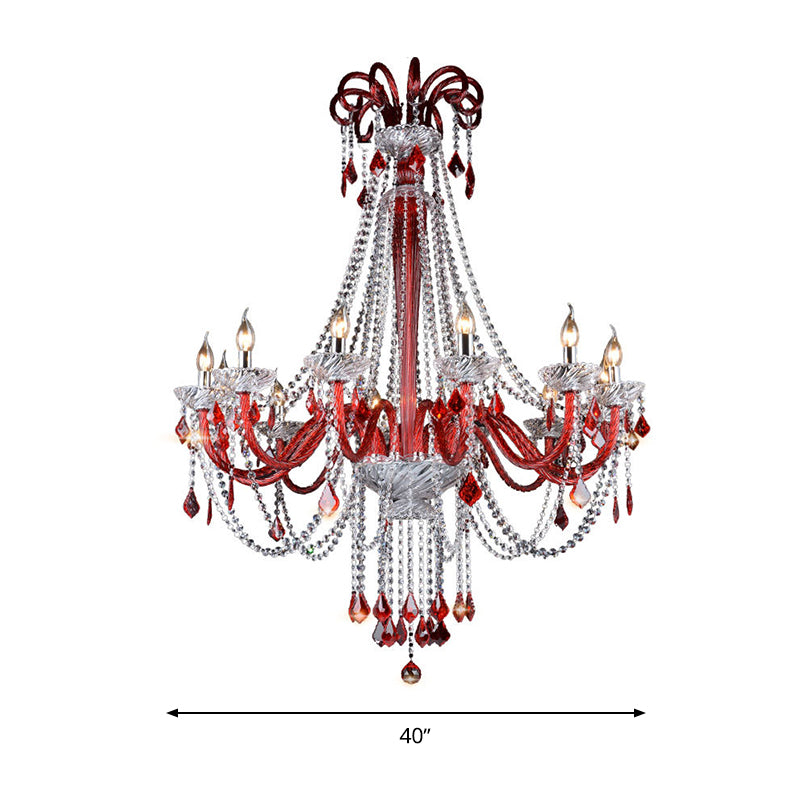 Candle Chandelier Light Fixture Modern K9 Crystal 12 Bulbs Red Ceiling Pendant Light for Balcony Clearhalo 'Ceiling Lights' 'Chandeliers' 'Modern Chandeliers' 'Modern' Lighting' 280315