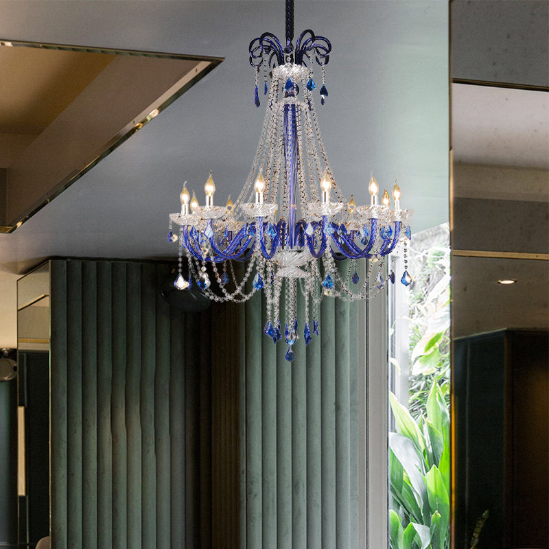 Crystal Candle Hanging Chandelier Modern 12 Lights Blue Ceiling Lamp for Balcony Blue Clearhalo 'Ceiling Lights' 'Chandeliers' 'Modern Chandeliers' 'Modern' Lighting' 280336