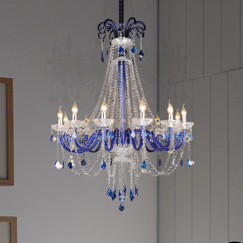 Crystal Candle Hanging Chandelier Modern 12 Lights Blue Ceiling Lamp for Balcony Clearhalo 'Ceiling Lights' 'Chandeliers' 'Modern Chandeliers' 'Modern' Lighting' 280337