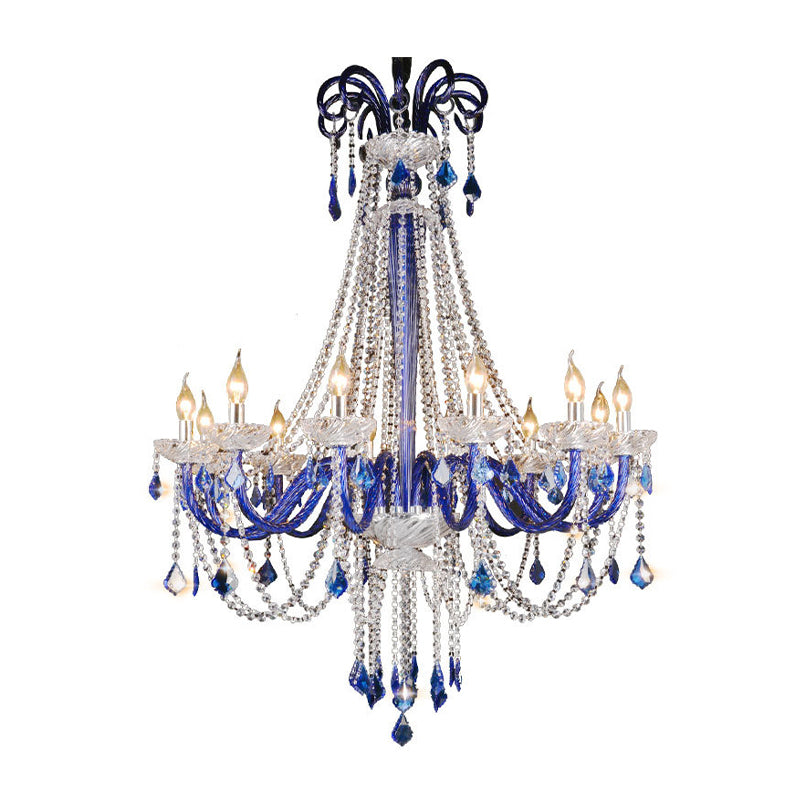 Crystal Candle Hanging Chandelier Modern 12 Lights Blue Ceiling Lamp for Balcony Clearhalo 'Ceiling Lights' 'Chandeliers' 'Modern Chandeliers' 'Modern' Lighting' 280339