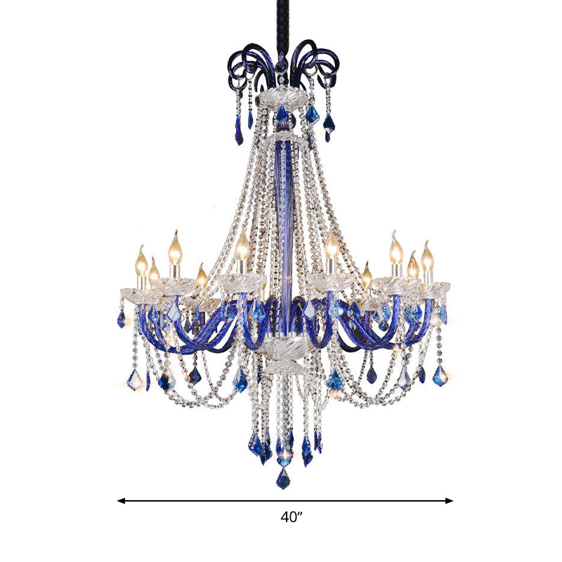 Crystal Candle Hanging Chandelier Modern 12 Lights Blue Ceiling Lamp for Balcony Clearhalo 'Ceiling Lights' 'Chandeliers' 'Modern Chandeliers' 'Modern' Lighting' 280340