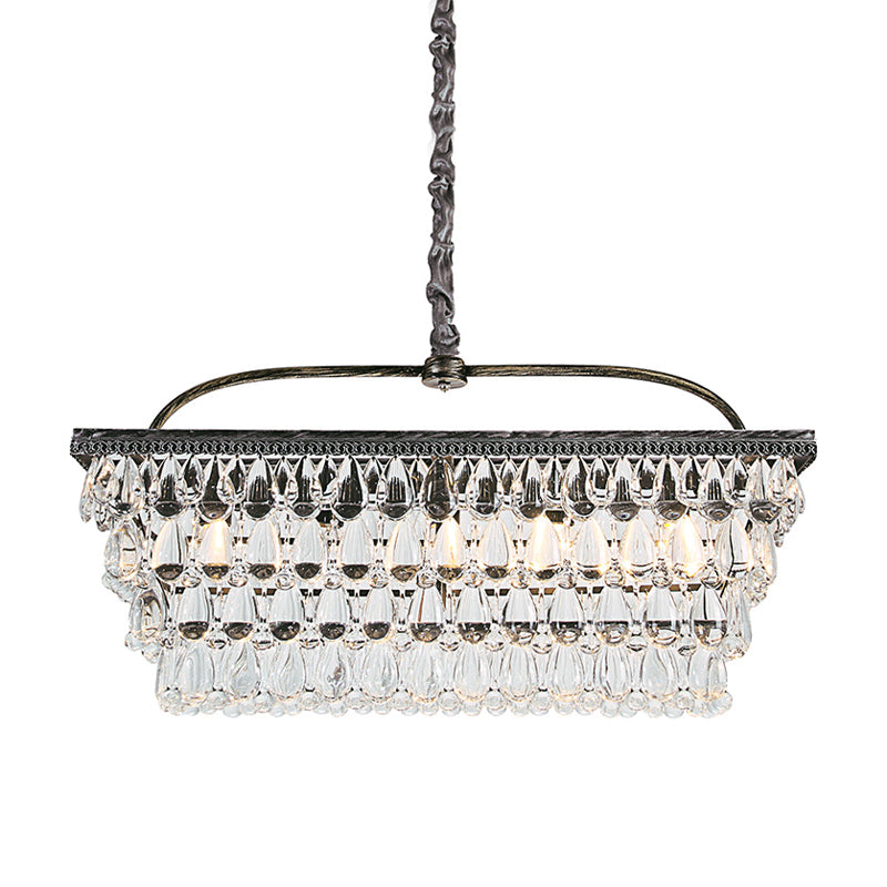 Silver Rectangle Hanging Ceiling Light Modernism Teardrop Crystal 4/6 Heads Living Room Island Light Clearhalo 'Ceiling Lights' 'Island Lights' Lighting' 280346