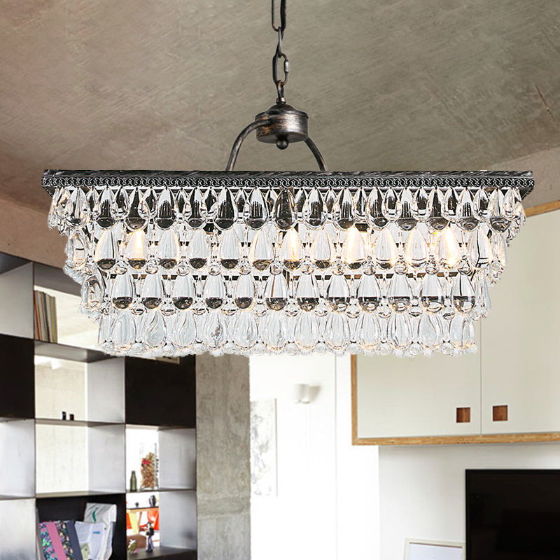 Silver Rectangle Hanging Ceiling Light Modernism Teardrop Crystal 4/6 Heads Living Room Island Light 4 Silver Clearhalo 'Ceiling Lights' 'Island Lights' Lighting' 280349