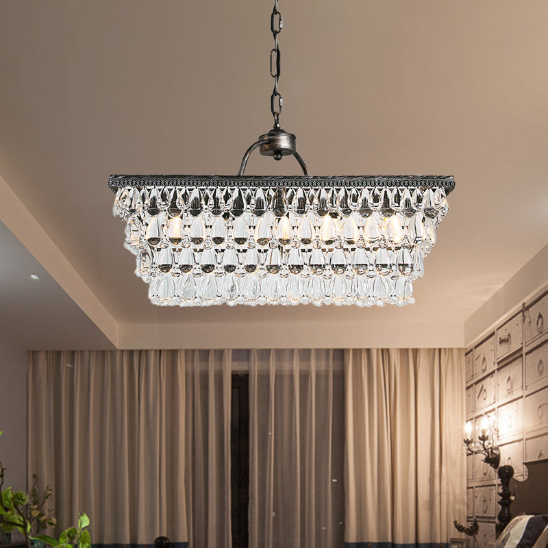 Silver Rectangle Hanging Ceiling Light Modernism Teardrop Crystal 4/6 Heads Living Room Island Light Clearhalo 'Ceiling Lights' 'Island Lights' Lighting' 280351