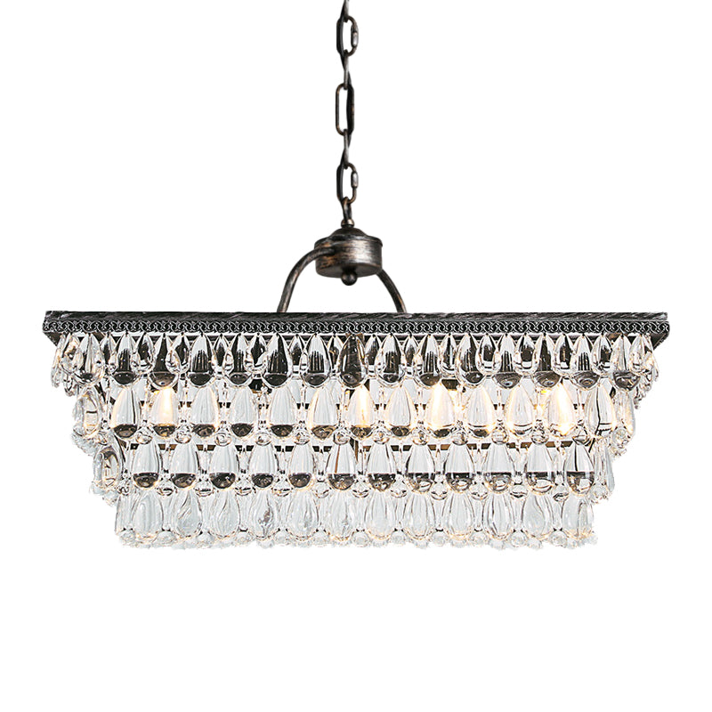 Silver Rectangle Hanging Ceiling Light Modernism Teardrop Crystal 4/6 Heads Living Room Island Light Clearhalo 'Ceiling Lights' 'Island Lights' Lighting' 280353