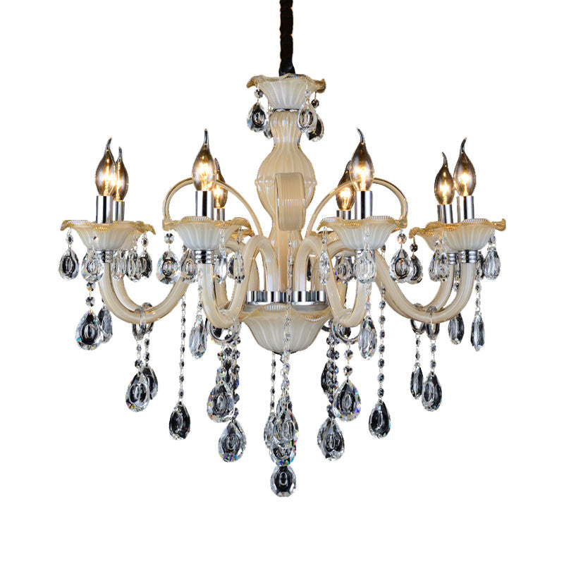 Faceted Crystal Candle Hanging Chandelier Modern 6/8/18 Lights Tan Ceiling Lamp for Living Room, 23.5"/27.5"/37.5" W Clearhalo 'Ceiling Lights' 'Chandeliers' 'Modern Chandeliers' 'Modern' Lighting' 280438