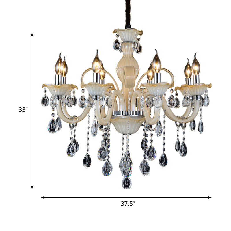 Faceted Crystal Candle Hanging Chandelier Modern 6/8/18 Lights Tan Ceiling Lamp for Living Room, 23.5"/27.5"/37.5" W Clearhalo 'Ceiling Lights' 'Chandeliers' 'Modern Chandeliers' 'Modern' Lighting' 280439