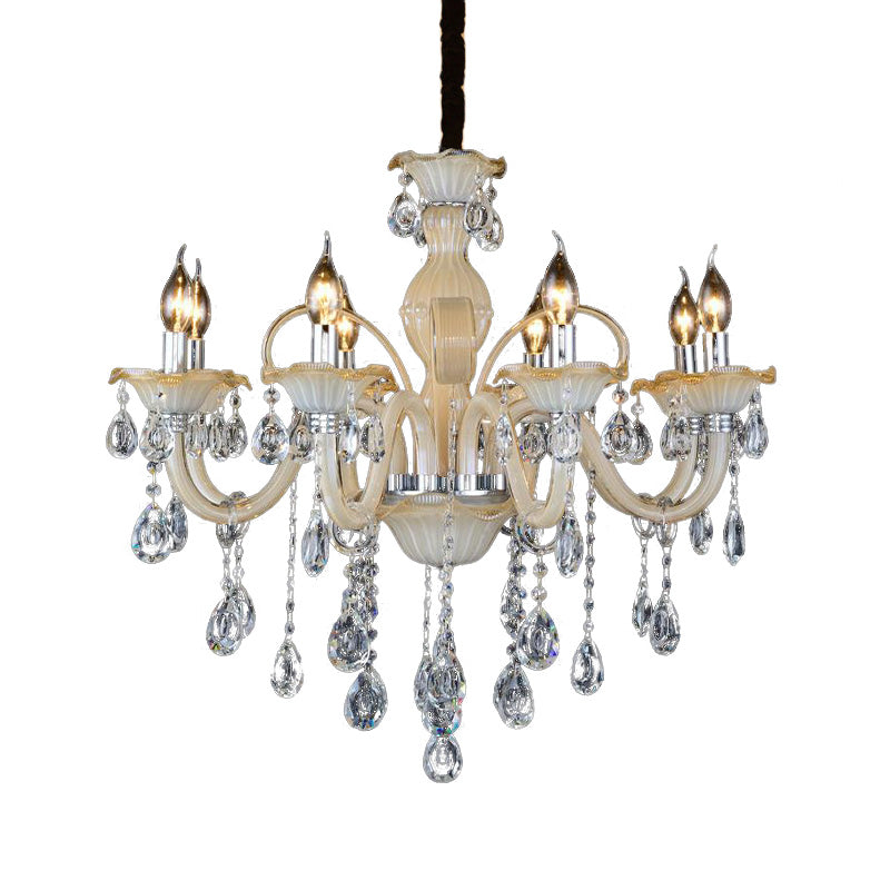 Faceted Crystal Candle Hanging Chandelier Modern 6/8/18 Lights Tan Ceiling Lamp for Living Room, 23.5"/27.5"/37.5" W Clearhalo 'Ceiling Lights' 'Chandeliers' 'Modern Chandeliers' 'Modern' Lighting' 280443