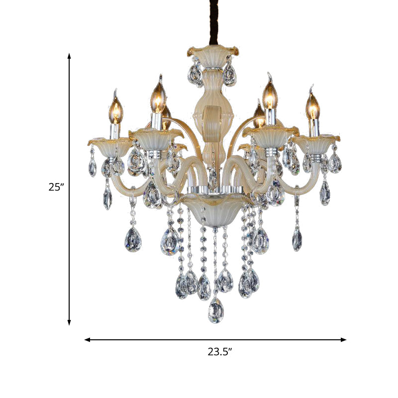 Faceted Crystal Candle Hanging Chandelier Modern 6/8/18 Lights Tan Ceiling Lamp for Living Room, 23.5"/27.5"/37.5" W Clearhalo 'Ceiling Lights' 'Chandeliers' 'Modern Chandeliers' 'Modern' Lighting' 280449