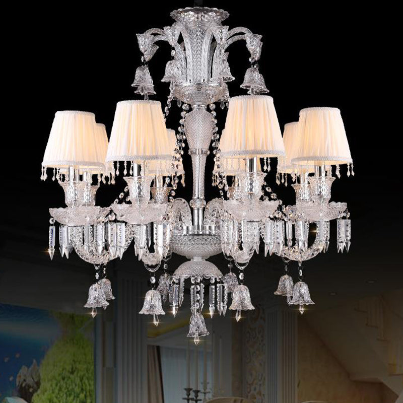 Beige Tapered Chandelier Pendant Light Modernism 8 Heads Crystal Hanging Lamp with Fabric Shade Clearhalo 'Ceiling Lights' 'Chandeliers' Lighting' options 280451