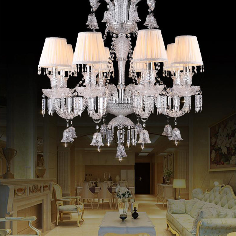 Beige Tapered Chandelier Pendant Light Modernism 8 Heads Crystal Hanging Lamp with Fabric Shade Clearhalo 'Ceiling Lights' 'Chandeliers' Lighting' options 280453