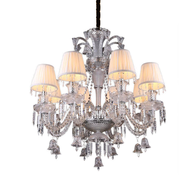 Beige Tapered Chandelier Pendant Light Modernism 8 Heads Crystal Hanging Lamp with Fabric Shade Clearhalo 'Ceiling Lights' 'Chandeliers' Lighting' options 280454