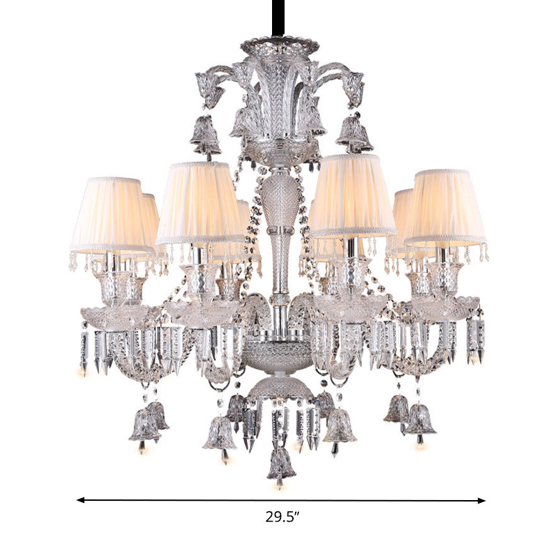 Beige Tapered Chandelier Pendant Light Modernism 8 Heads Crystal Hanging Lamp with Fabric Shade Clearhalo 'Ceiling Lights' 'Chandeliers' Lighting' options 280455