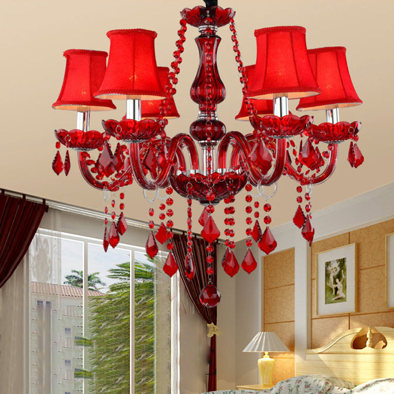 Modernist Flared Ceiling Chandelier K9 Crystal 6 Bulbs Living Room Pendant Lamp in Red Red Clearhalo 'Ceiling Lights' 'Chandeliers' 'Modern Chandeliers' 'Modern' Lighting' 280457