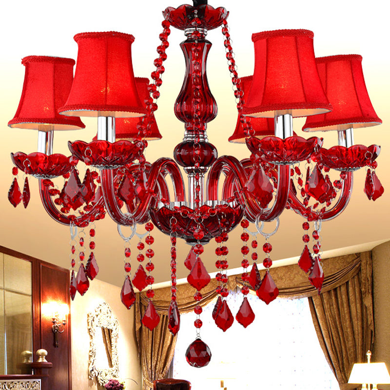 Modernist Flared Ceiling Chandelier K9 Crystal 6 Bulbs Living Room Pendant Lamp in Red Clearhalo 'Ceiling Lights' 'Chandeliers' 'Modern Chandeliers' 'Modern' Lighting' 280458