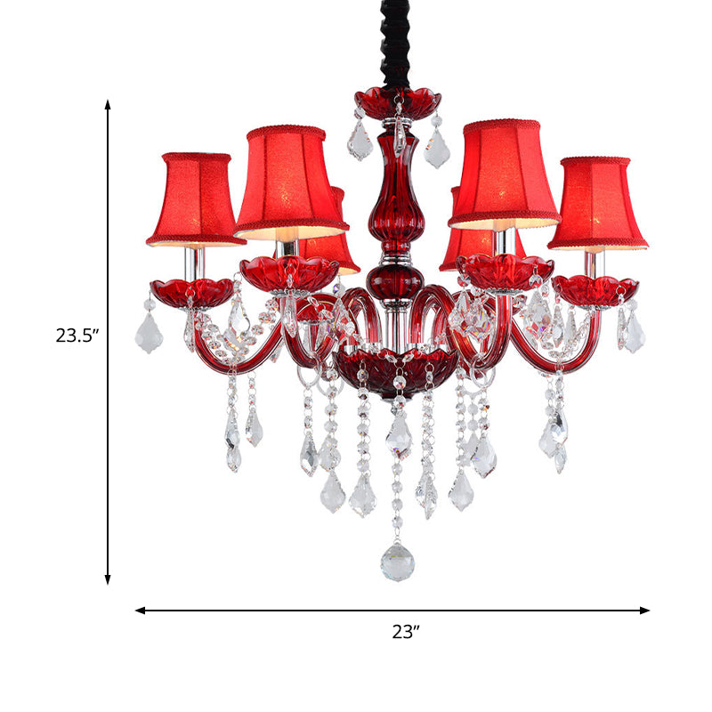 Modernist Flared Ceiling Chandelier K9 Crystal 6 Bulbs Living Room Pendant Lamp in Red Clearhalo 'Ceiling Lights' 'Chandeliers' 'Modern Chandeliers' 'Modern' Lighting' 280461