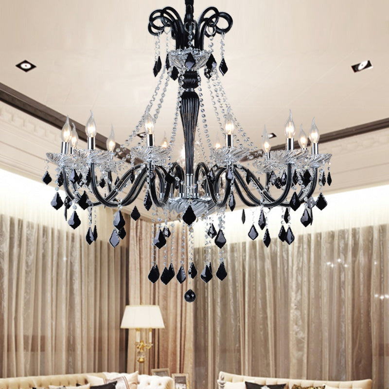 Candlestick Crystal Pendant Chandelier Modernism 10/12 Heads Black Hanging Ceiling Light for Living Room, 33"/40" Wide Black 40" Clearhalo 'Ceiling Lights' 'Chandeliers' 'Modern Chandeliers' 'Modern' Lighting' 280472