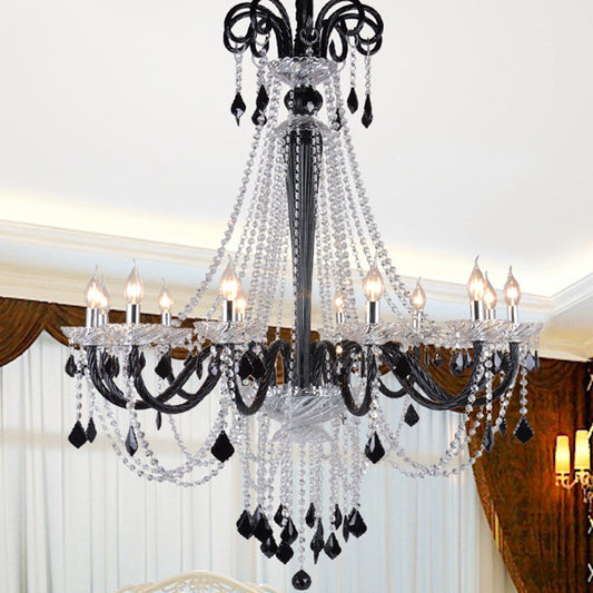 Candlestick Crystal Pendant Chandelier Modernism 10/12 Heads Black Hanging Ceiling Light for Living Room, 33"/40" Wide Clearhalo 'Ceiling Lights' 'Chandeliers' 'Modern Chandeliers' 'Modern' Lighting' 280473