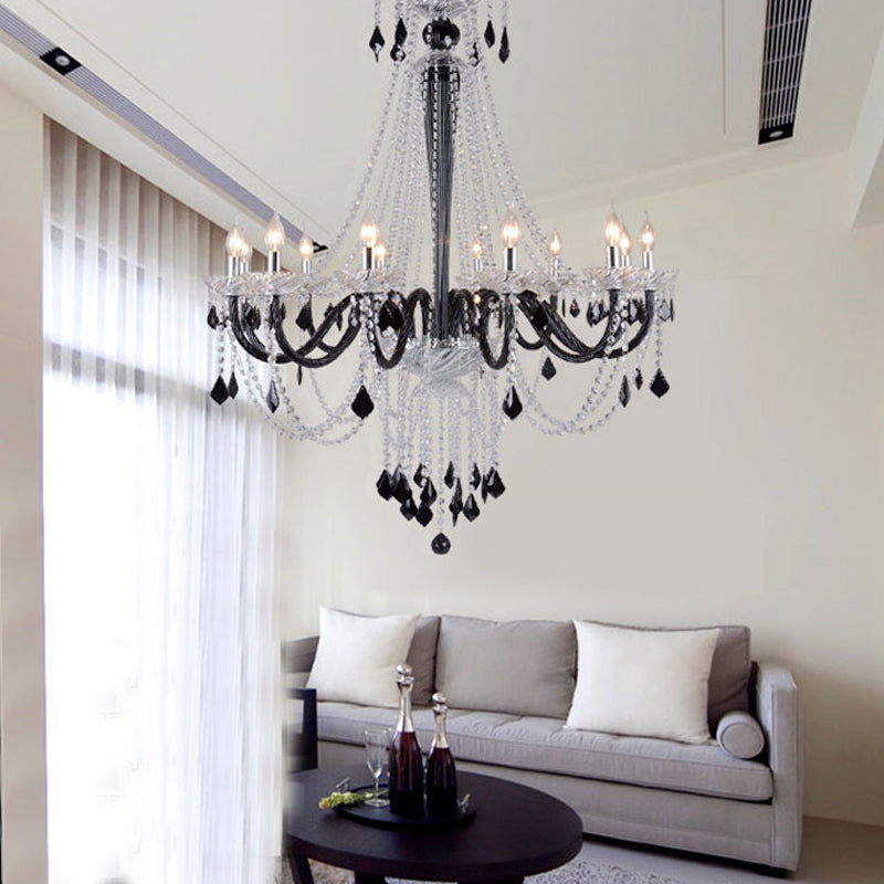 Candlestick Crystal Pendant Chandelier Modernism 10/12 Heads Black Hanging Ceiling Light for Living Room, 33"/40" Wide Clearhalo 'Ceiling Lights' 'Chandeliers' 'Modern Chandeliers' 'Modern' Lighting' 280474