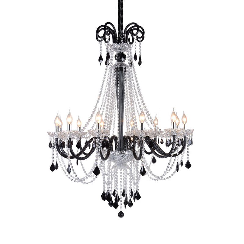 Candlestick Crystal Pendant Chandelier Modernism 10/12 Heads Black Hanging Ceiling Light for Living Room, 33"/40" Wide Clearhalo 'Ceiling Lights' 'Chandeliers' 'Modern Chandeliers' 'Modern' Lighting' 280475